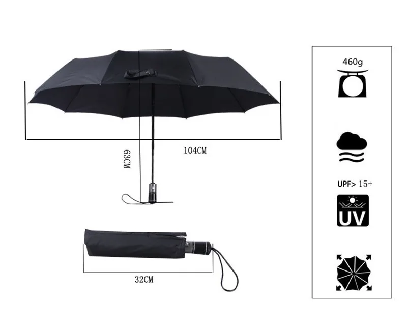 Автоматический Три складной мужской коммерческий компактный с ручкой из натуральной кожи большой сильный каркас ветрозащитные нежные черные зонтики
