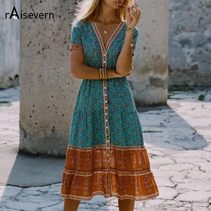 Boho Loose Dress Summer Style Folk Floral Print Tropical Holiday Beach ...