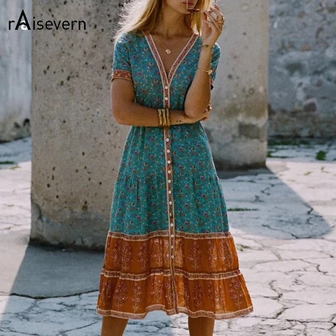 Solto de Verão Vestido de Praia Decote em v Vestido Estilo Boho Estampa Floral Tropical Férias Manga Curta Tamanho Grande 5xl Dropship