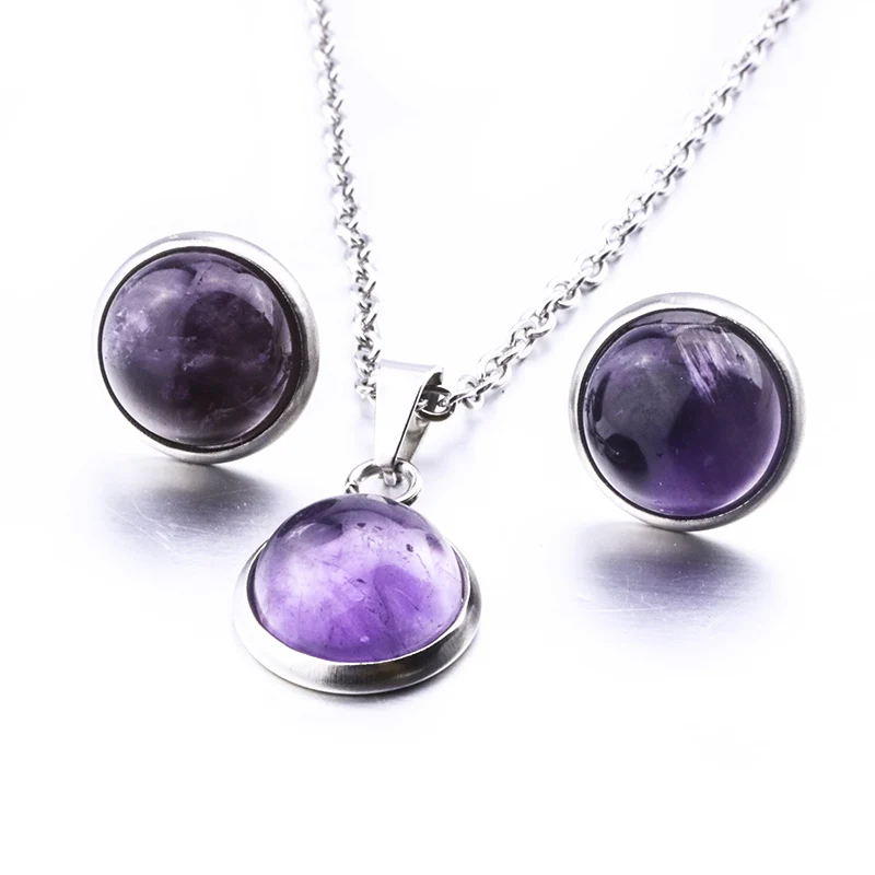 

8mm Ear Stud 12mm Necklace Natural Stone jewelry Suit Gather Stainless Steel 12mm Round Opal Pink Crystal Necklace For Women Jew