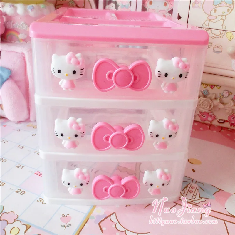 

Cute Pink Hello Kitty Desktop Receiver Box Cosmetic Plastic Storage Drawer Jewelry Storage Boxes Pull-out Drawer Organiser