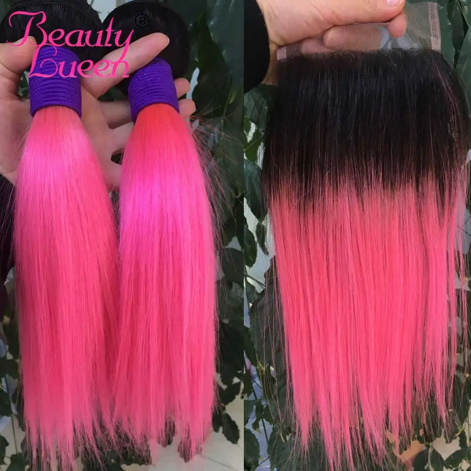 Brazilian Straight Hair 3 Bundles With Closure 1B Pink Two Tone Ombre Color Human Hair Weave With Lace Closure Remy Beauty Lueen (7)