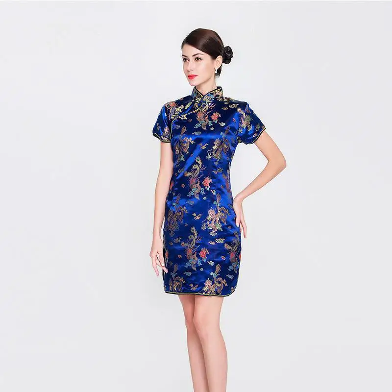 Новые летние шорты с длинными рукавами Для женщин Мини Qipao Винтаж для выпускного с цветочным принтом вечерние платья в китайском стиле Стиль Cheongsam платья больших размеров XXXL - Цвет: Navy Blue