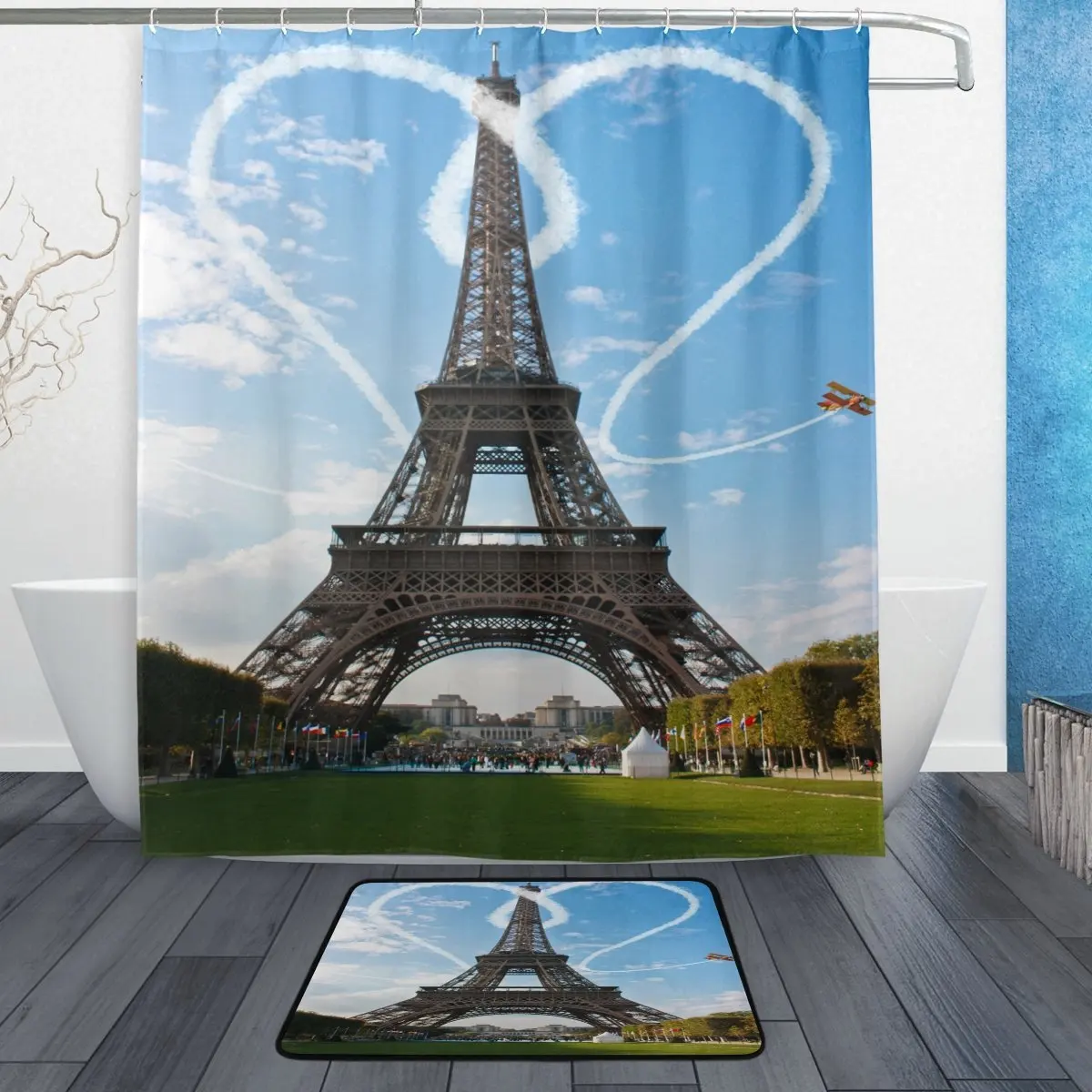 Fashion Paris Eiffel Tower Shower Curtain Set Bathroom Polyester Fabric Hooks 