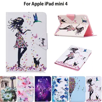 

Fashion Painted Tablet Case For Apple iPad Mini 4 Mini4 Smart Cover Fashion Girl Cat Flip Stand Silicone PU Leather Skin Funda