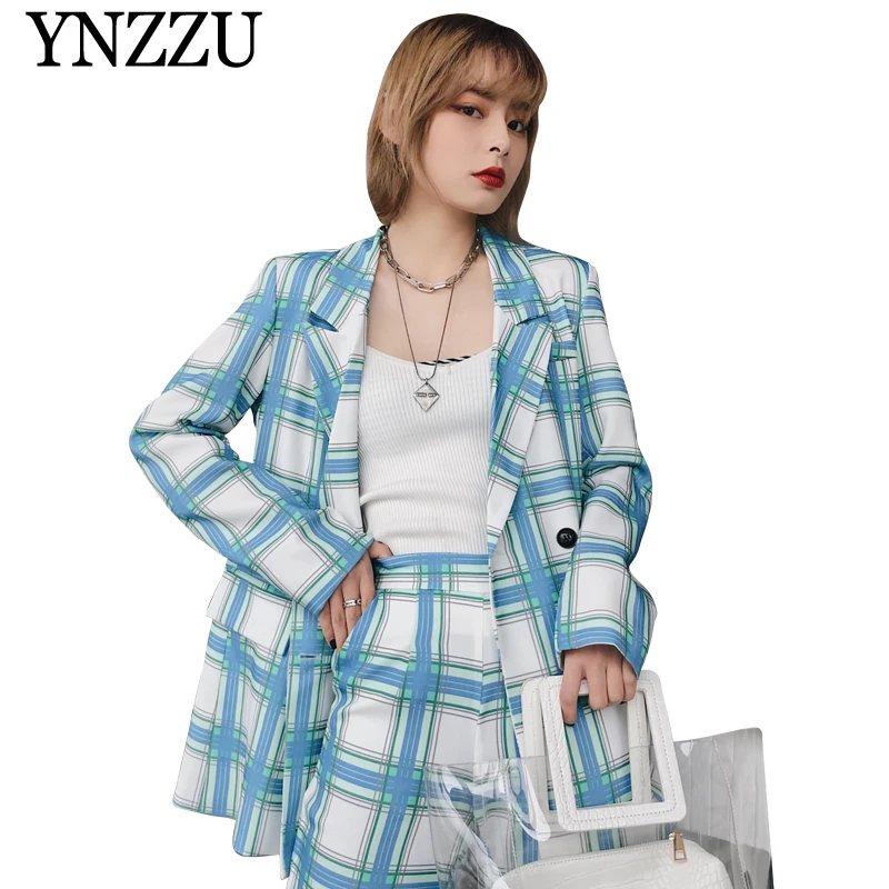 

Elegant 2019 Spring Women Blazers and Jackets Suit Mid-Long Casual Autumn Plaid Blazer Double Breasted Loose Suit Coat AO884