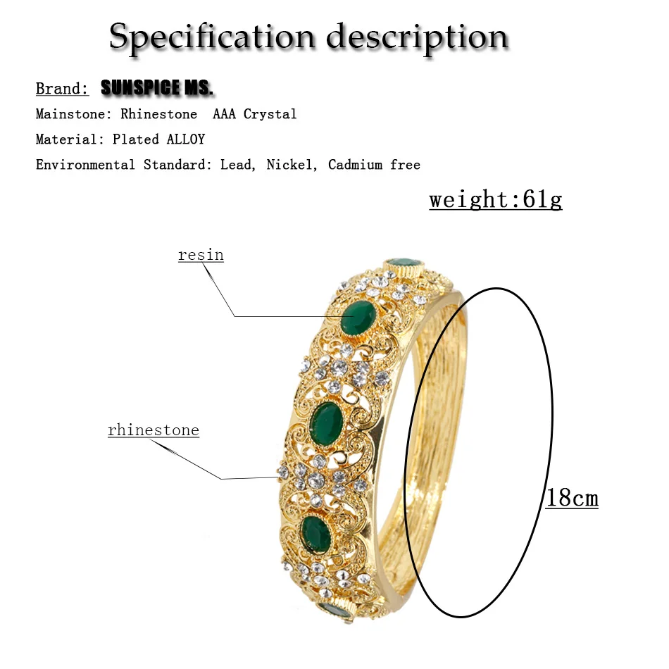 SUNSPICE-MS золотой цвет Morocco rhinestone браслеты для женщин Этническая Смола Открытый браслет Дубай Свадебные украшения