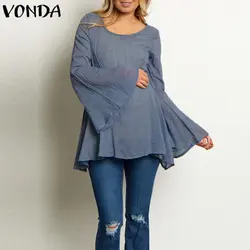 VONDA Blusas Femininas осень 2019 г. для женщин топы корректирующие сексуальное, рукав-фонарик рубашки с круглым вырезом Винтаж повседневное свободные