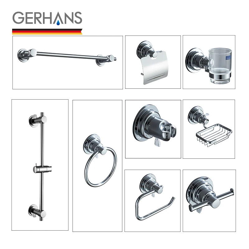 

GERHAN suction bath hardware set bathroom towel bar rack ring paper shower holder door hook soap dish cup toilet brush holder