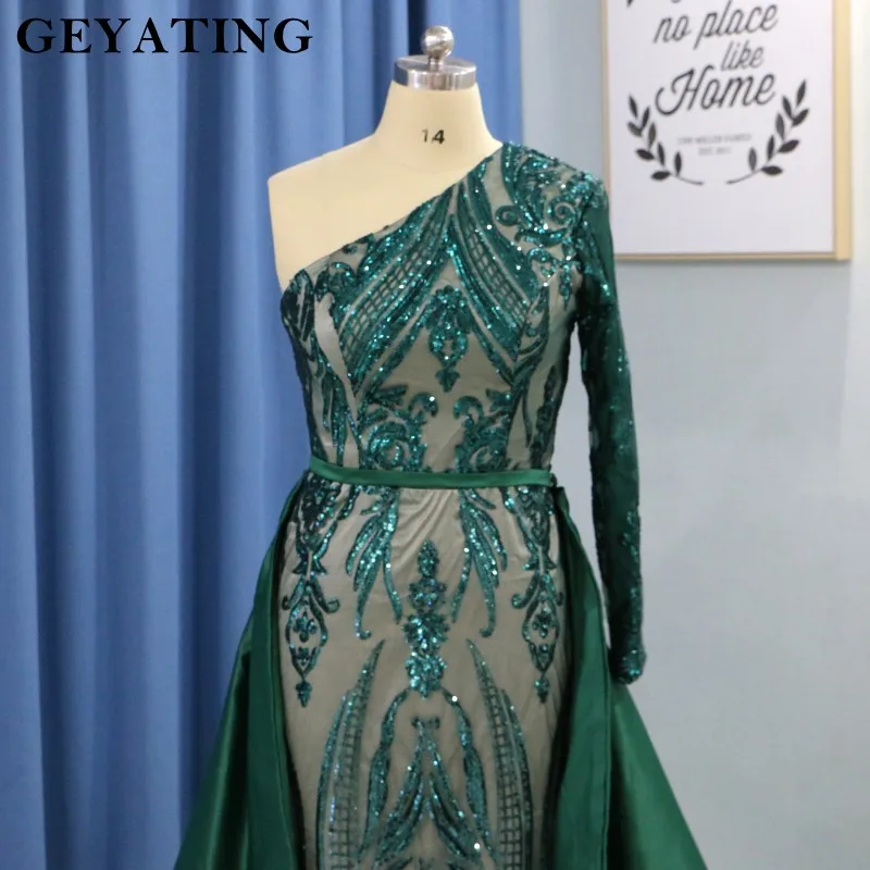 Emerald Green Mermaid Evening Dress Long Sleeve Detachable Train Muslim Prom Dresses 2019 Arabia Glitter Formal Party Gowns