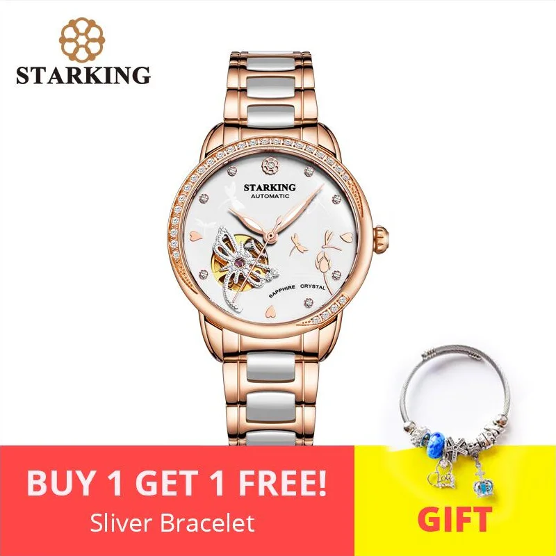 STARKING роскошные часы механические для женщин Скелет автоматические часы розовое золото женские наручные часы браслет набор Relogio Feminino - Цвет: AL0248MC31