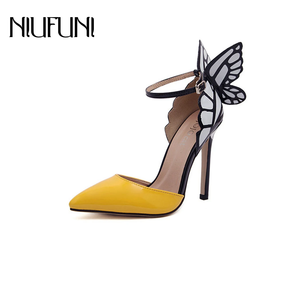 NIUFUNI/2018 летние остроносые туфли-лодочки с крыльями бабочки, женская обувь, обувь на тонком высоком каблуке, яркие цвета