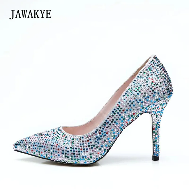 

2018 Bling Bling Rhinestone High Heels Woman Pointed Toe Mixed Color Diamond Wedding Shoes For Women