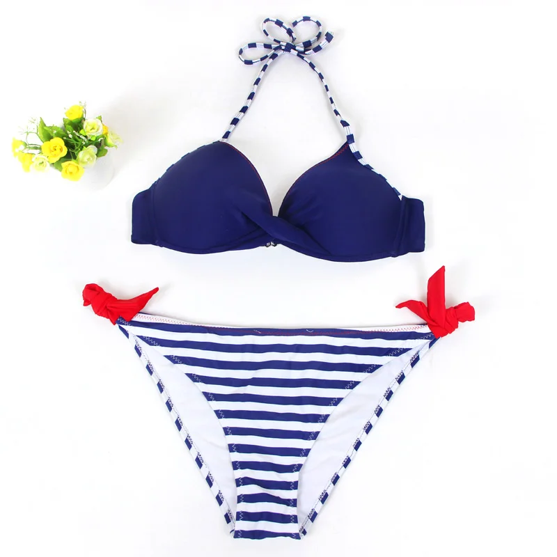 Bikini 2019 Sexy Swimwear Women Solid Bordered Low Cut Triangle Halter Back Adjustable Strap Top With Tie Side Bikini Bathing Suit Swimwear7