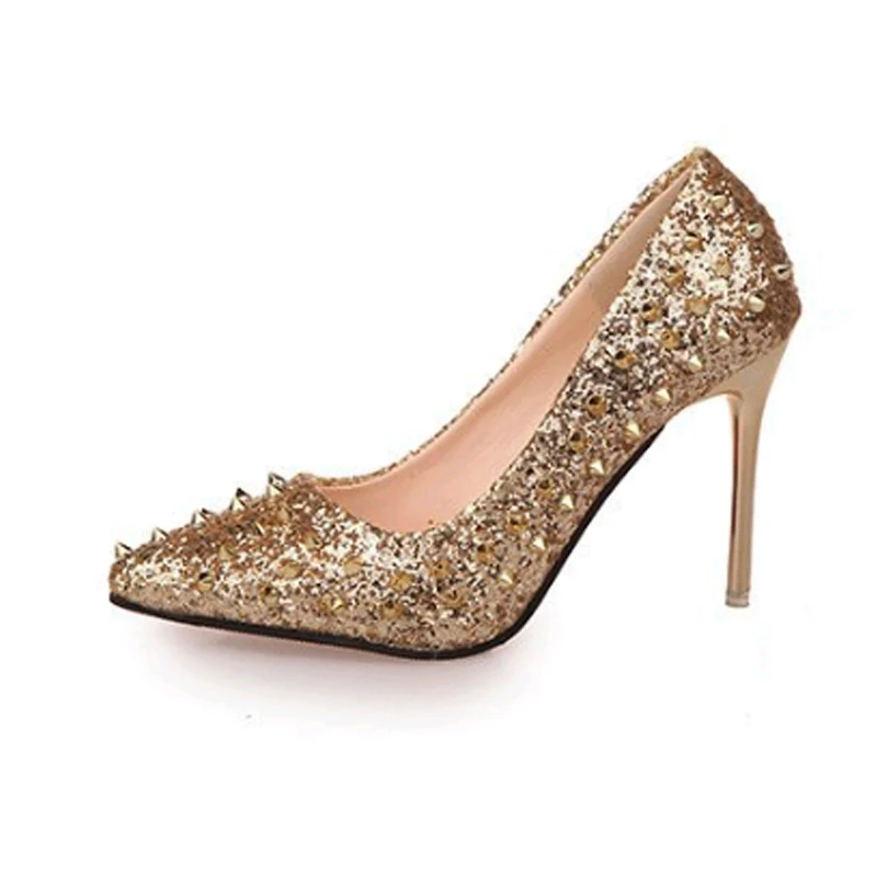 

Rivets Pointed Women's Single Shoes Stiletto Heel Banquet Wedding High Heels Sequins Shallow Mouth Fashion Princess Famely Shoes