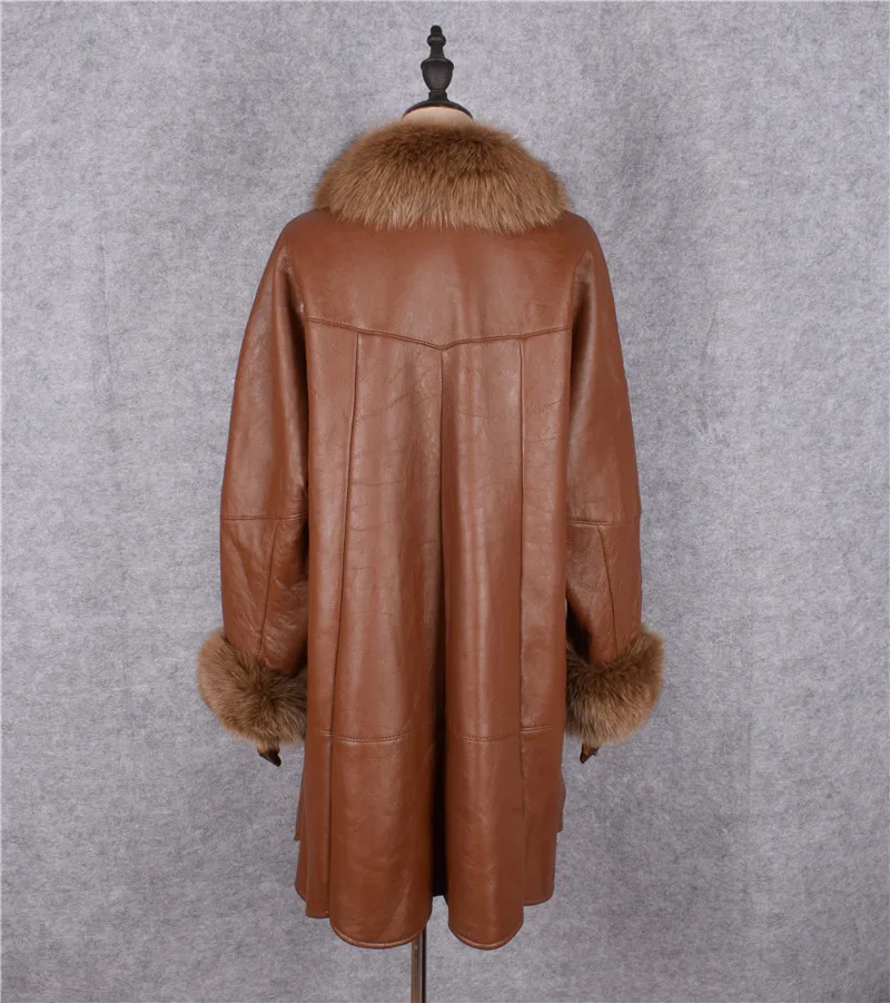 Italy women's genuine lambskin leather overcoat with real fox fur collar wool cashmere lining mommy's warm clothing brown xxxxxl