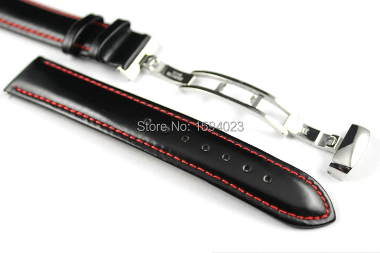 19mm (Buckle18mm) PRC200 T067417A High Quality Silver Butterfly Buckle + Black Genuine Leather Red Line Watch Bands Strap