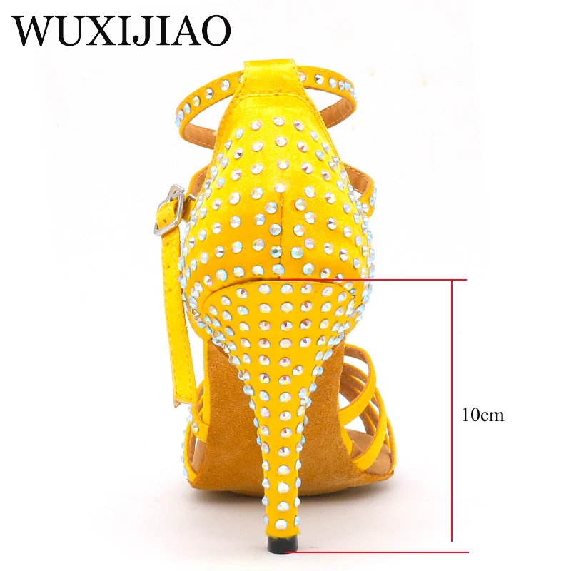 WUXIJIAO New yellow satin Latin Dance Shoes For Woman Ballroom Dancing Shoes Salsa Performance Dance Shoes heel 5cm-10cm