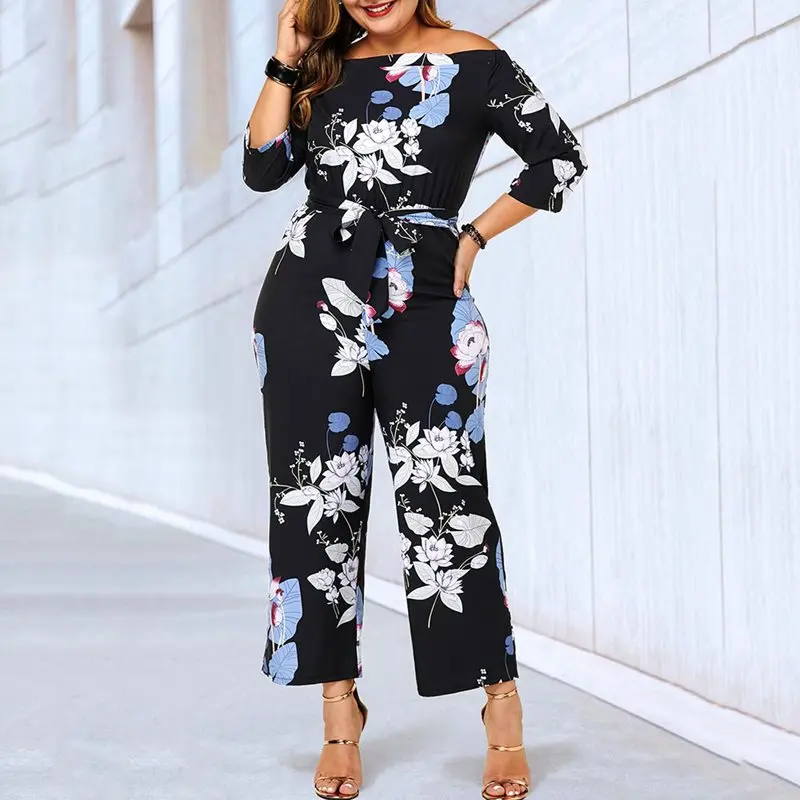 

Sweet Floral Printed Casual Jumpsuit Plus Size Summer Boho Oversize Rompers Loose Wide Leg Pants Holiday Black Ladies Overalls