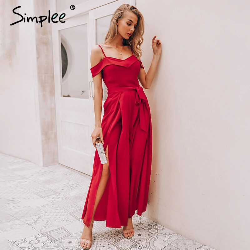 Simplee Sexy épaule dénudée femmes combinaison barboteuse élégante taille haute rouge combinaison longue été large jambe dame combishort salopette 2019