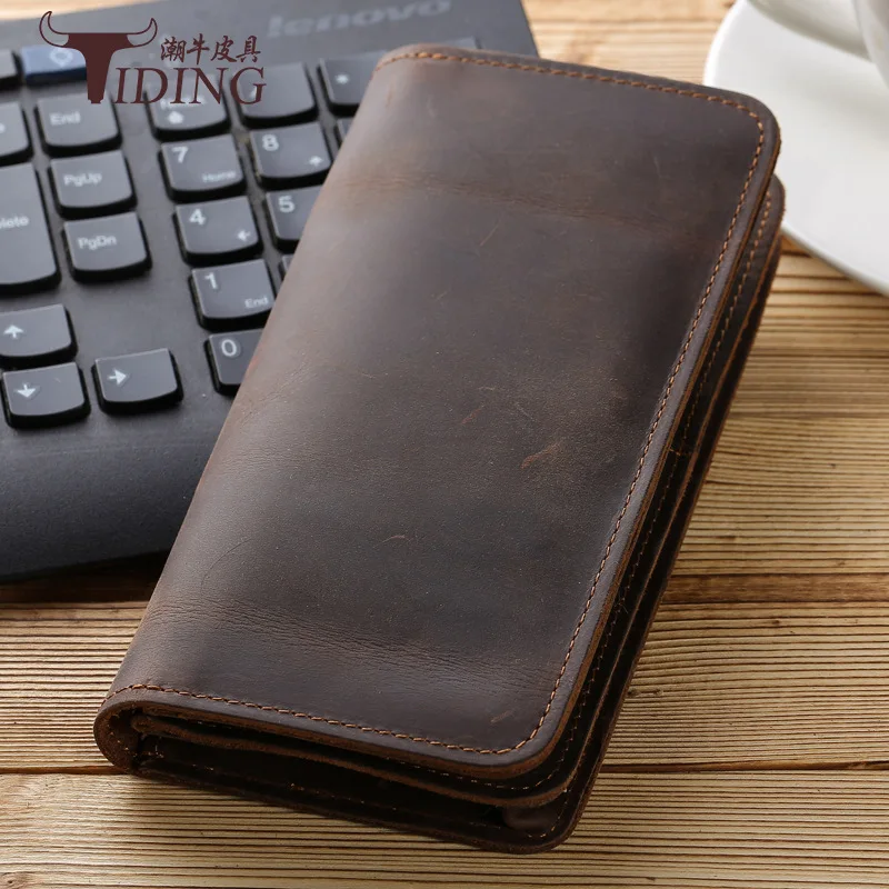 tiding Luxury RFID Blocking Genuine Leather Mens Long Wallet Retro Card