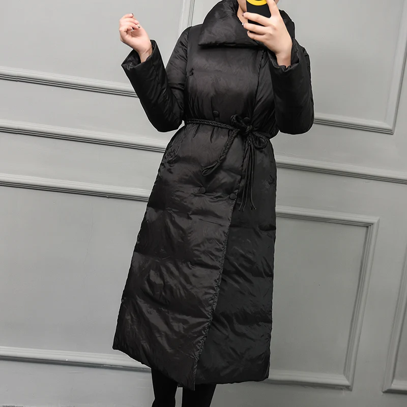 2017 Winter Down Jackets Women's Coat White Duck Down with Belt Longer Knee Women's Double Breasted Jackets Oversized QH0925