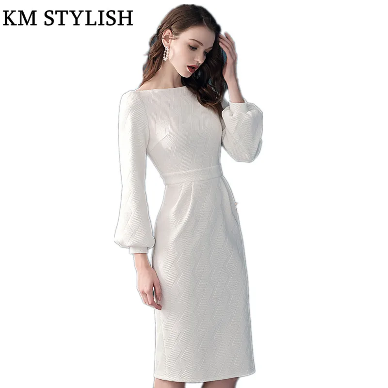 Del Elegante New Nero bianco Il Spring Un Fodero Modo Dalla Di Signora Delle Donne Fianchi 2019 Lanterna Vestito Manicotto Ginocchio Bianco Della lunghezza Ufficio Pezzo Neck Slash 4dXEcqx