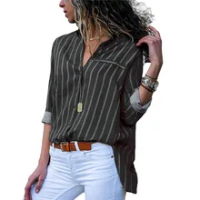 VZFF Women Blouses2019 New Fashion Spring And Autumn Casual Solid Color Stripe Long Sleeve Lapel Women's Casual Top