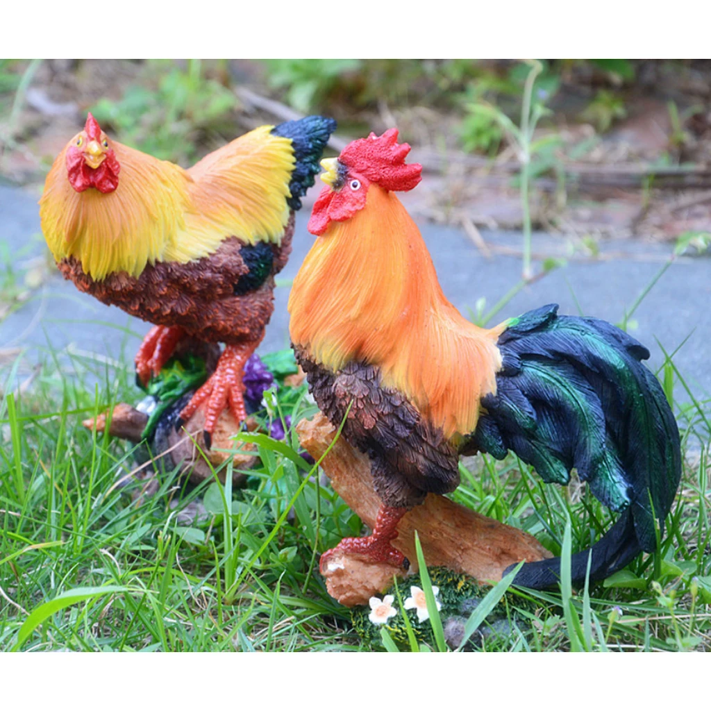2Pcs Standing Chicken Models Resin Statue Art Craft for Collectible Ornament