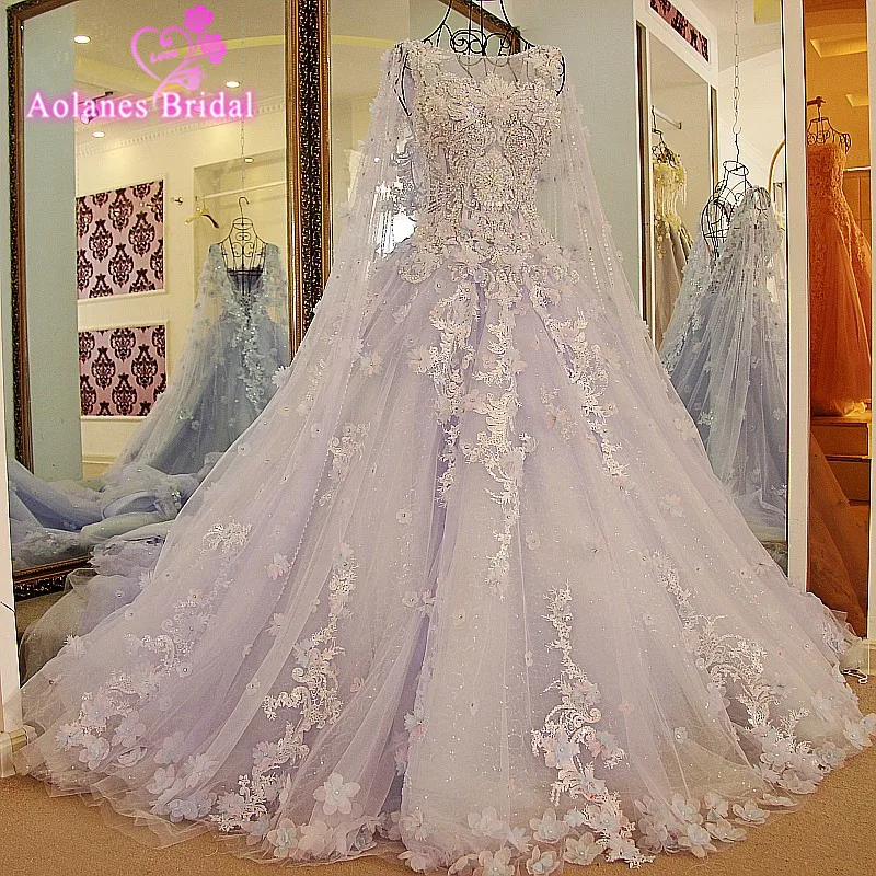 

New 2017 Luxury Ball Gown Blue lace Wedding Dress Appliques Crystals Beaded Wedding Gowns With Shawl Real Photos Bride Dresses