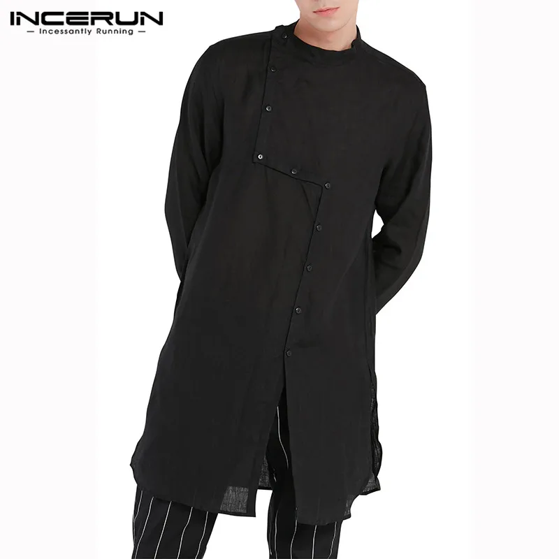

INCERUN Fashion New Muslim Men's 2019 T-Shirt Solid Color Irregular Buttons Long Sleeve Round Neck Long Casual Loose Robe S-5XL