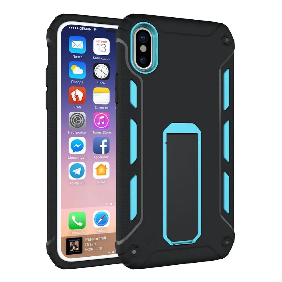 

2pcs Blue and Black Mobile Phone Protective Case Shockproof For iPhoneX With Support Stand Bracket