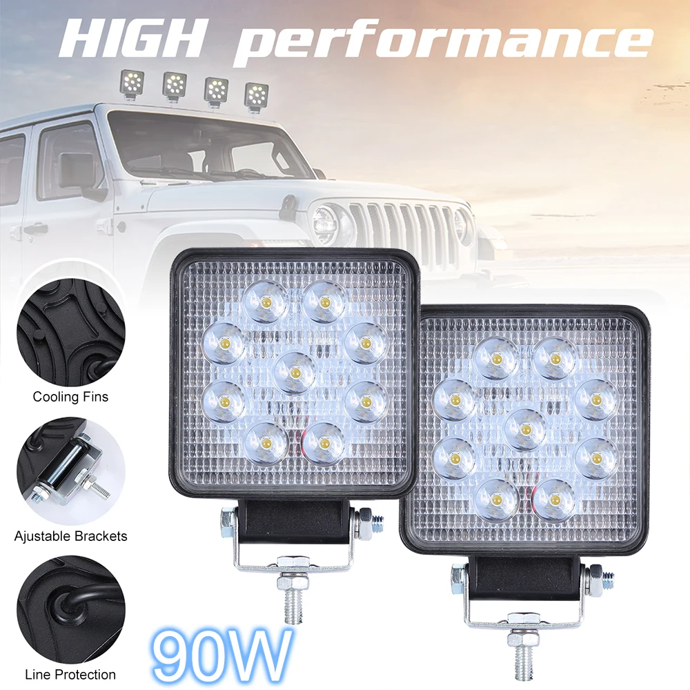 

2pcs 90W 6000K 9000LM Square Waterproof LED Work Light Car Headlight Bulbs for Off-Road Suv Boat 4X4 Jeep Truck Cars