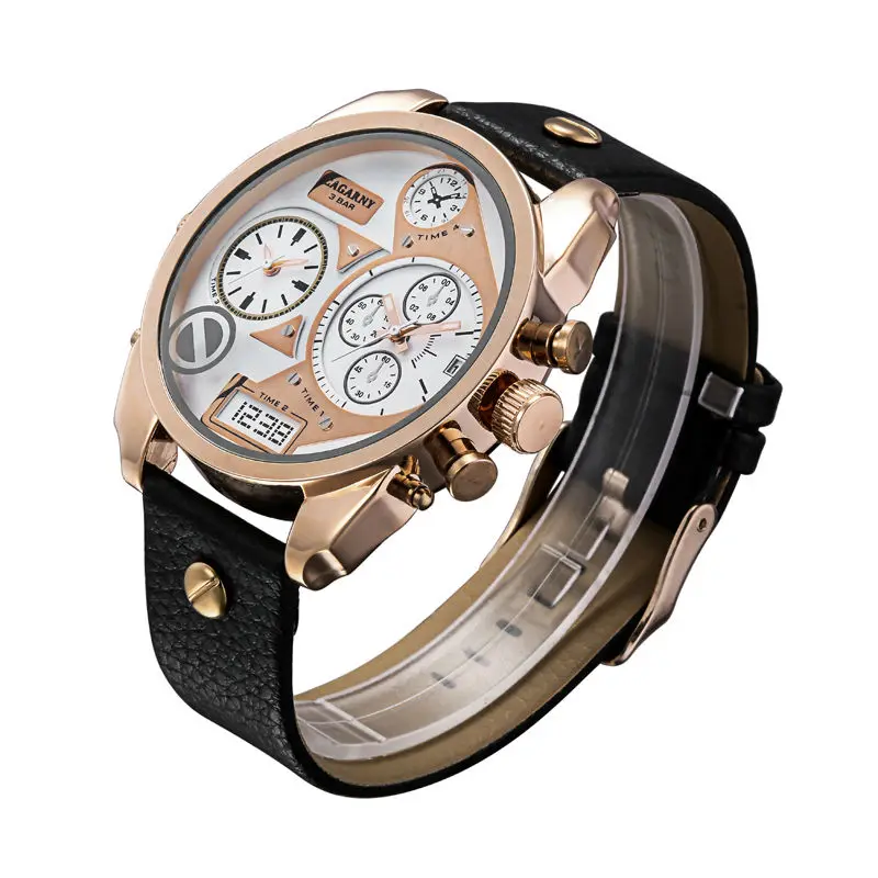 Cagarny-relógio de Quartzo Masculino com Pulseira de Couro Fusos Horários Duplos Caixa em Ouro Rosa e Relógios de Pulso Militares - Image 6