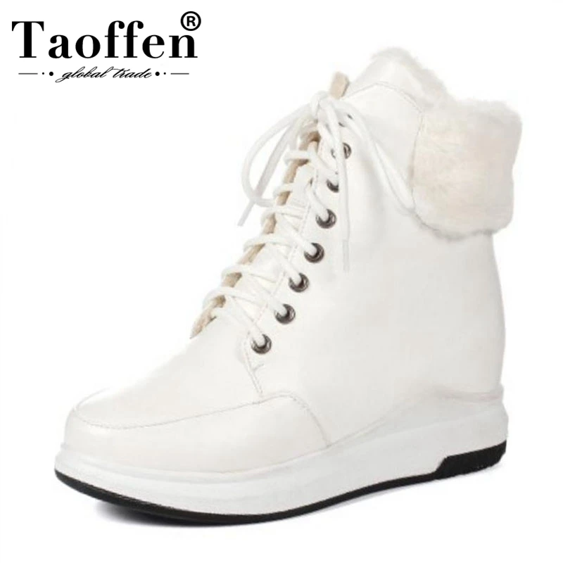 

TAOFFEN Women Warm Ankle Boots Winter Plush Fur Shoes Woman Lace Up Wedge Boots Fashion Inside Heels Footwear Size 33-43