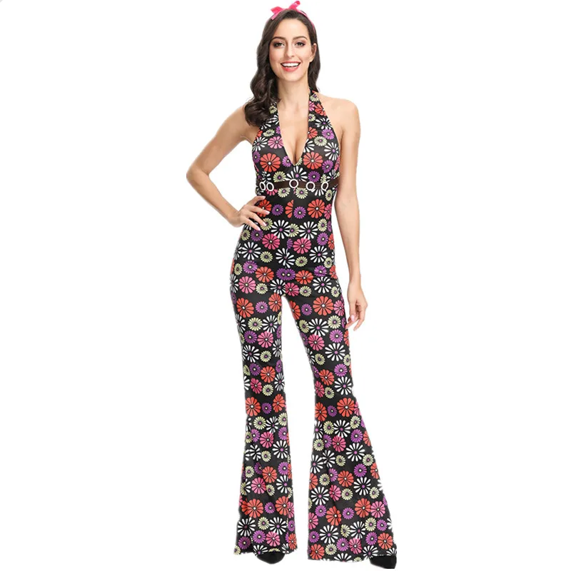 

Hot Sell 60s 70s Retro Disco Hippie Costume Adult Women Vintage Go Go Girl Disco Hippie Dance Jumpsuit