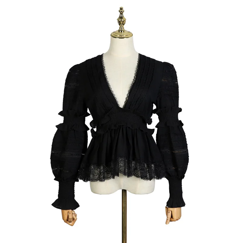 2019 V Neck Sexy Women Blouses Puff Sleeve Solid Blouse Femme Perspective Hollow Out Ruffles Shirt