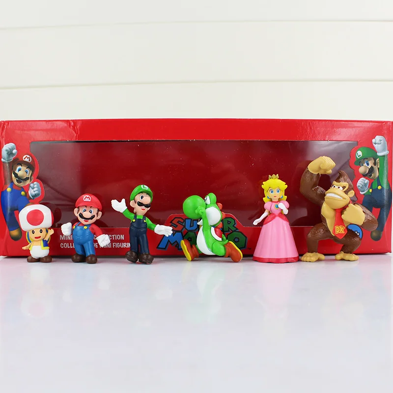 6Pcs/Lot Super Mario Bros Figures Mario Luigi Yoshi Toad Mushroom Princess Peach Donkey Kong Model Toys Dolls Kid Gift