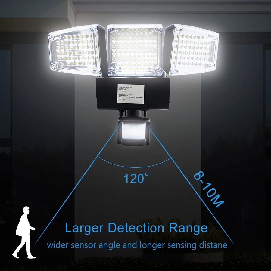  1000LM 188 LED Solar Light Motion Sensor Security Lamp Waterproof Three Head Outdoor Light For Entr - 32998081387