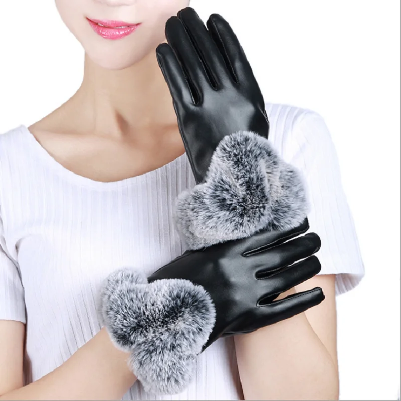 Зимние кожаные женские перчатки Элегантные наручные рукавицы с кроличьим мехом