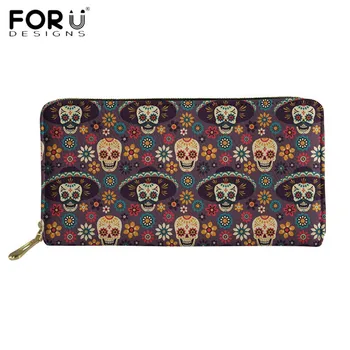 

FORUDESIGNS Fashion Leather Card Holder Cases Sugar Skull Mexican Print PU Wallets Waterproof Zipper Purses for Women Clutch Bag