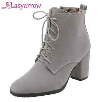 

Lasyarrow Zipper Botas Femininas Casual Lace Up Women's Shoes Thick High Heels Square Toe Autumn Winter Ankle Boots For Women