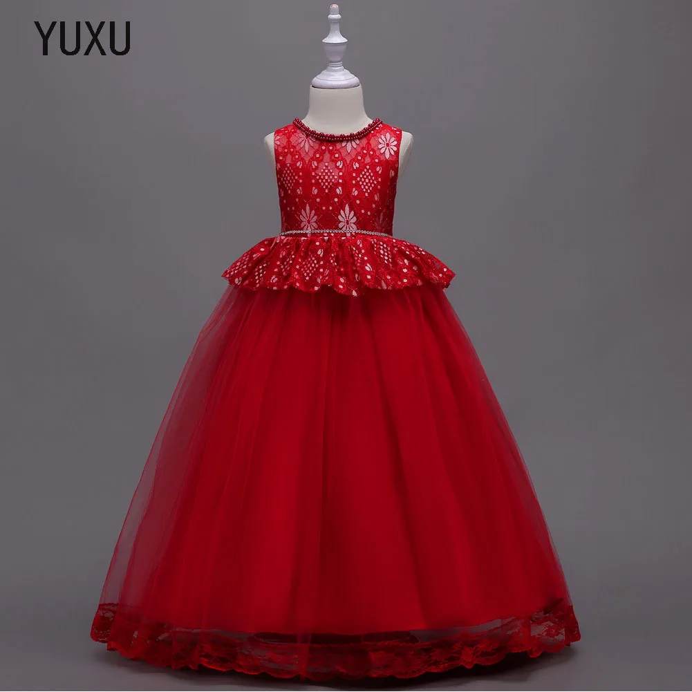

New beading Long Lace Ball Gown Flower Girls Dresses Simple Kids Wedding Christmas Party Dress First Communion Dresses For Girls