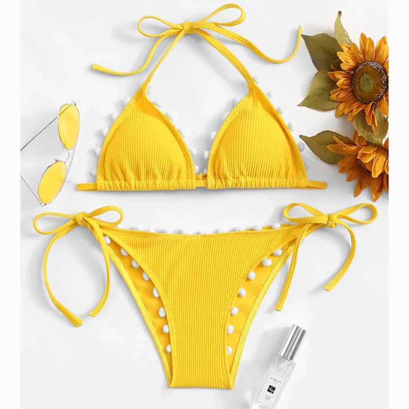 

Yellow White Micro Bikini Women Sexy Textured Tie Sides Bandage Brazilian Swimsuit Push Up Bikinis Female Swimwear Summer Swim