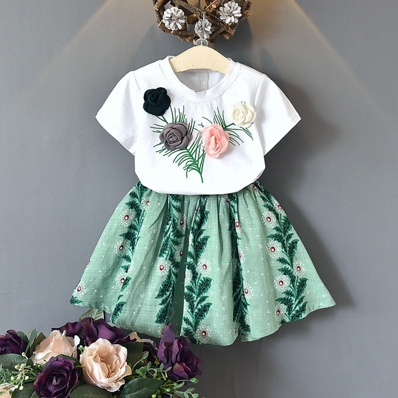 

3D Flower Girls 2019 Summer New Baby Girls Clothing Sets Fashion Style Printed T-Shirts + Short Mini Skirt 2Pcs Girls Clothes