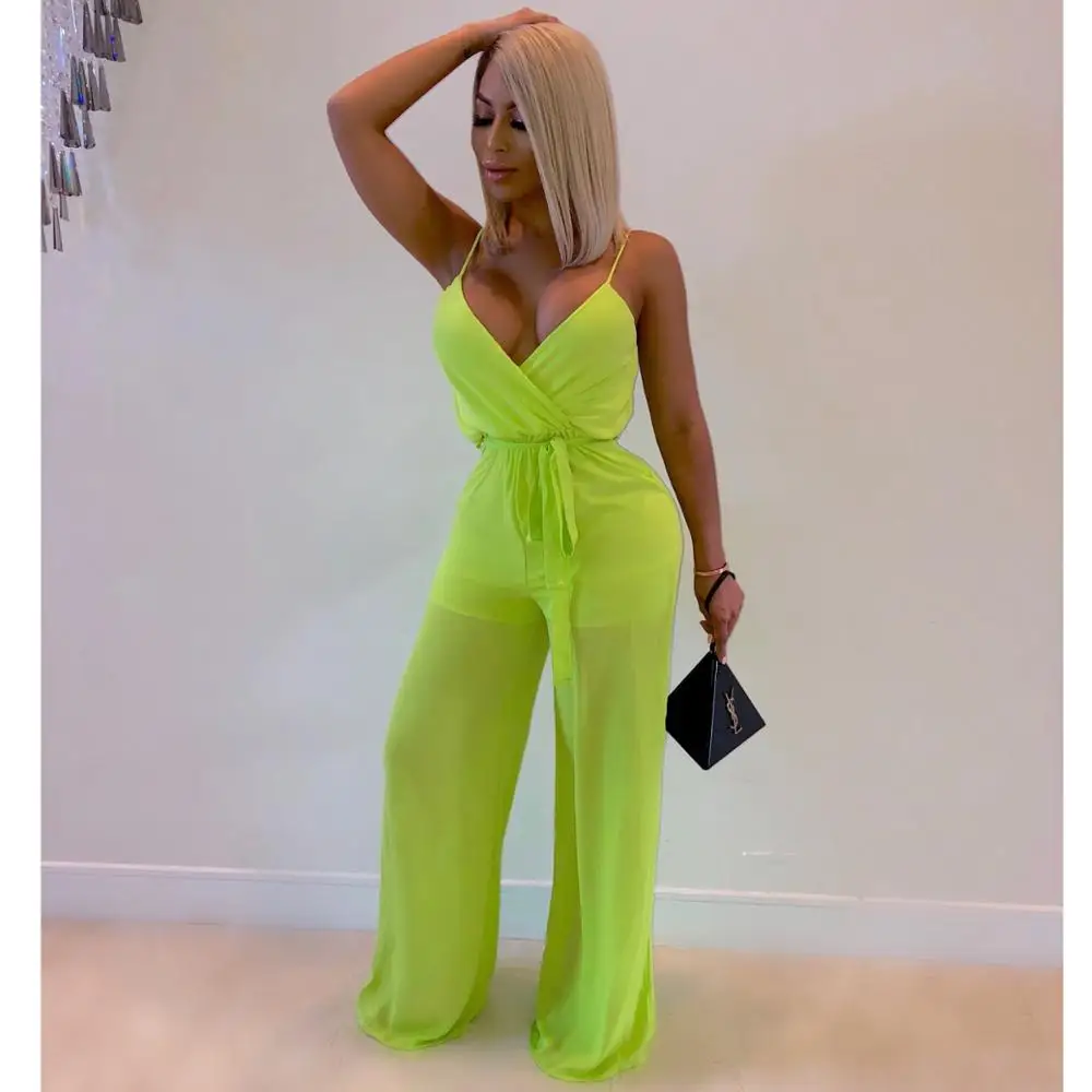 

Sexy 2019 Neon Green Women Mesh Patchwork Solid Wide Leg Pants Jumpsuits Strap Long Pants Playsuits Summer Fall Holiday Outfits