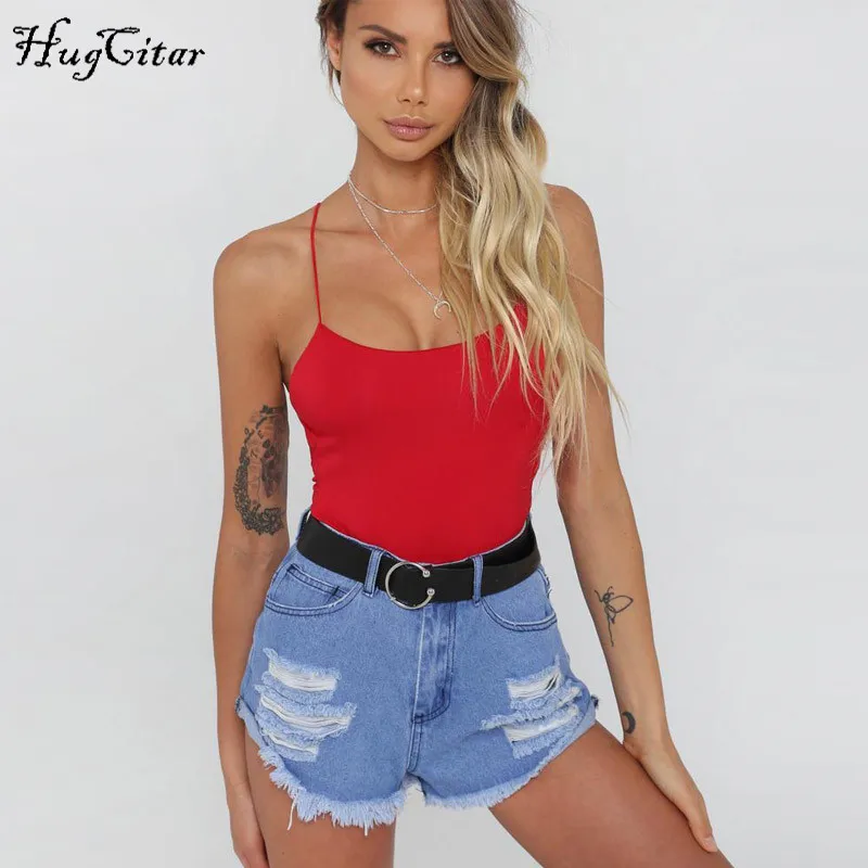 Hugcitar القطن ضمادة عارية الذراعين مثير Bodycon داخلية 2018 المرأة عارضة الإناث الصيف أزياء الجسم ملابس السباحة الأحمر الأبيض الصلبة