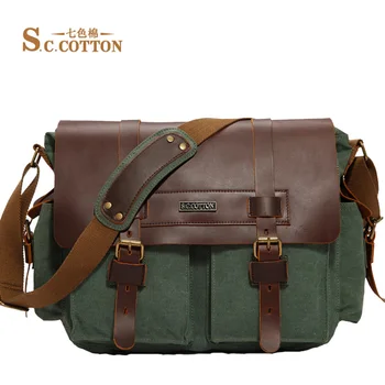 

Free shipping New Vintage Cotton Canvas Leather Cowhide Totes Bag School Satchel Bag Men Shoulder Messenger Bag
