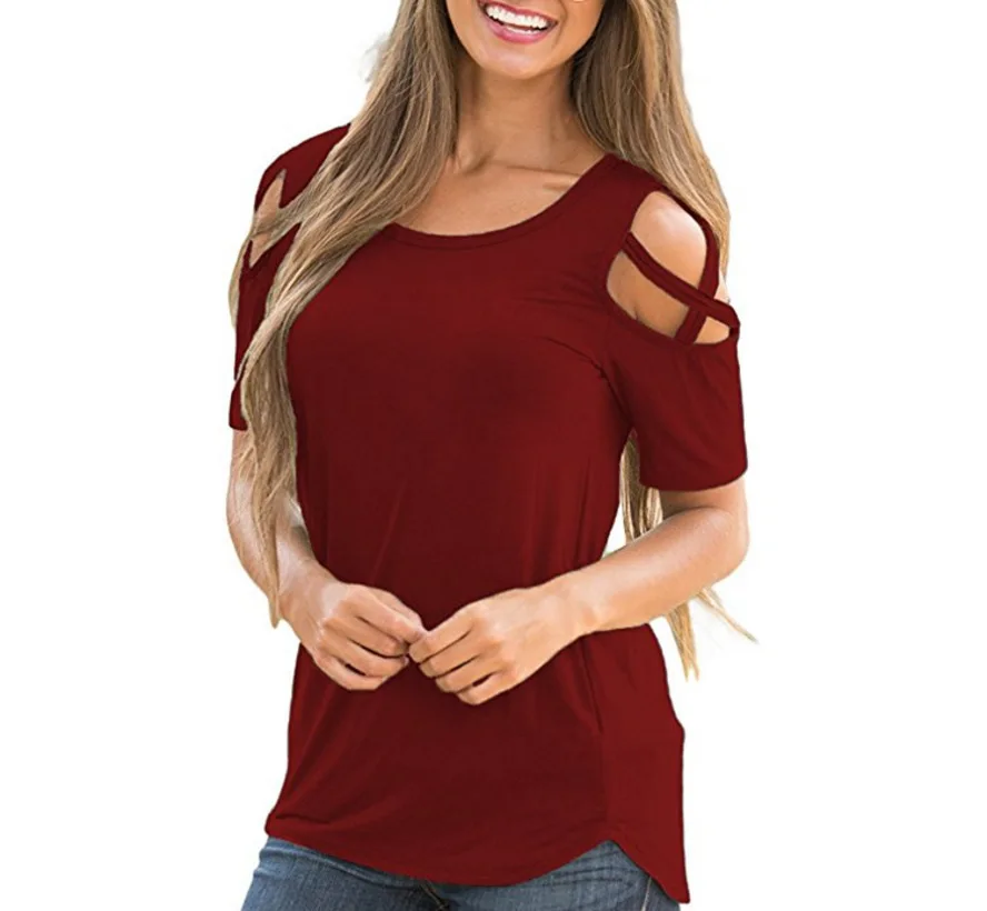 Shoulderless Women Tshirts Summer Female Top Tees Short Sleeves O Neck