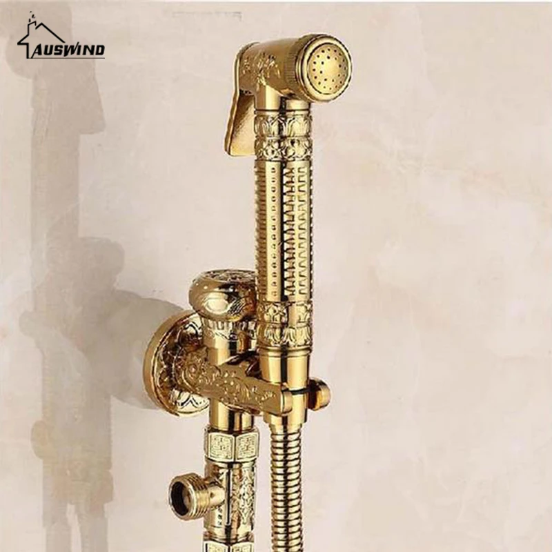 

Gold Finish Toilet Gun Set Carved Brass Bathroom Bidet Faucet Set Bathroom Shower Faucet Set Wall Mounted Toilet Handle Sprayer
